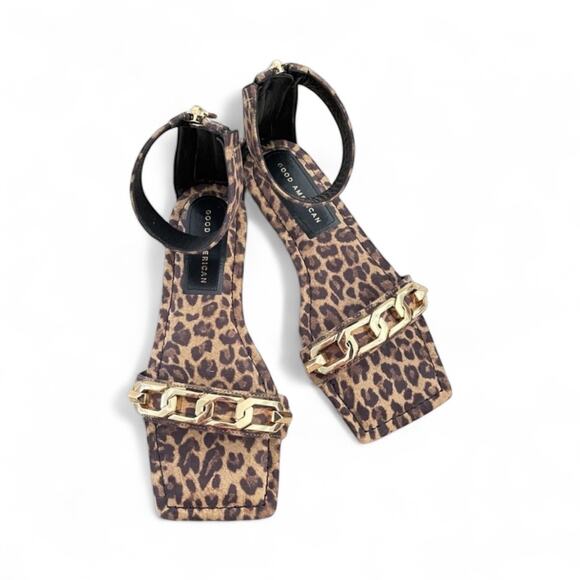 Good American leopard ankle strap sandal with gold chain NEW - Picture 1 of 9